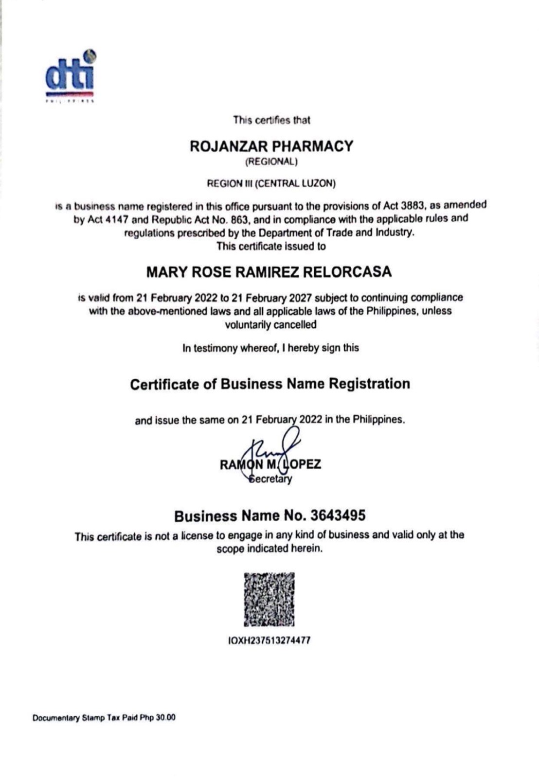 DTI Certificate of Business Name Registration