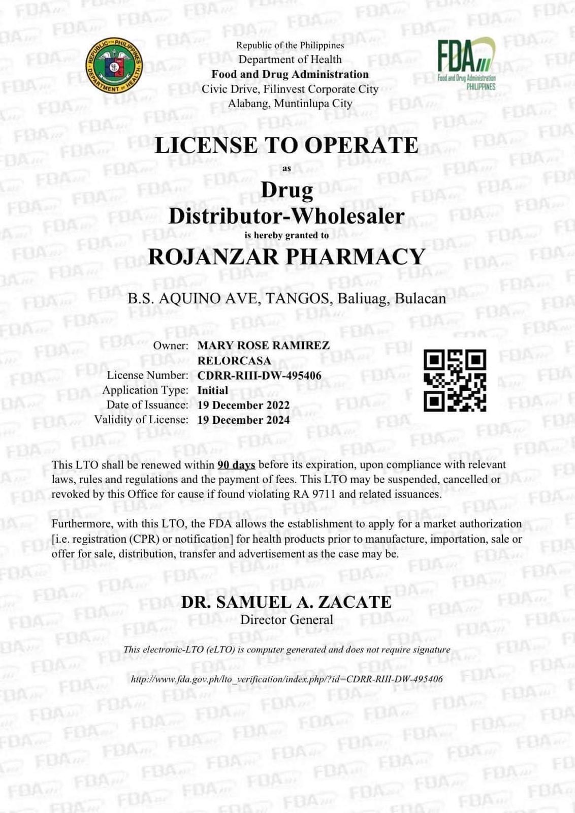FDA License to Operate as Drug Distributor-Wholesaler
